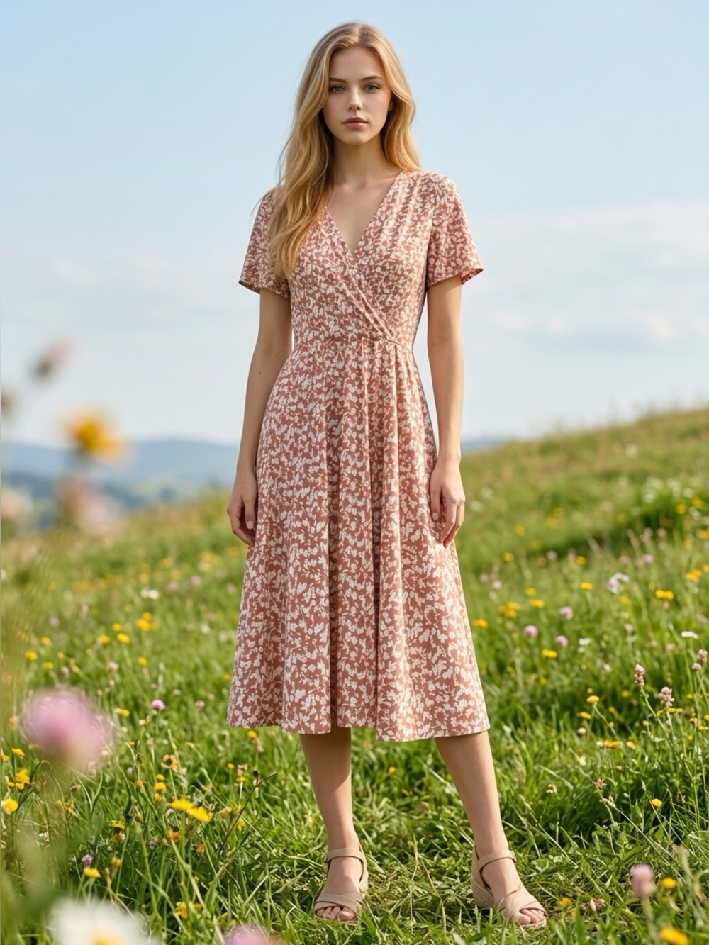 NWT Fensace Pink White Ditsy Floral Short Sleeve Faux Wrap Midi Dress small